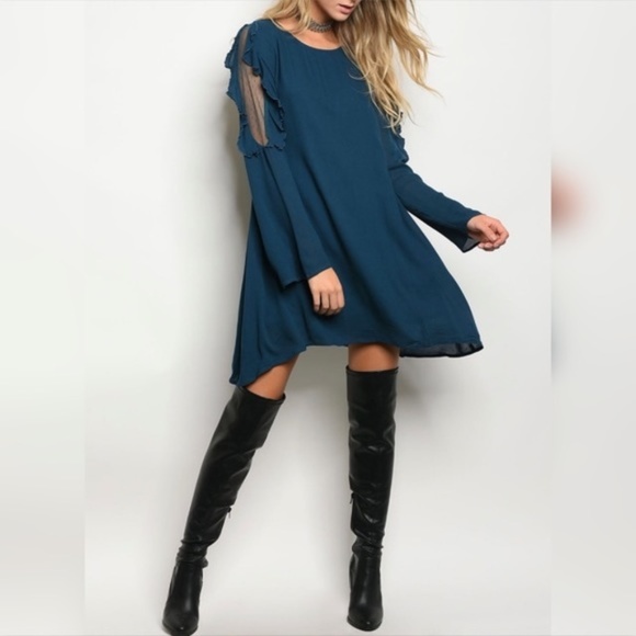 Dresses & Skirts - Teal Dress With Ruffles and Mesh Design Detail